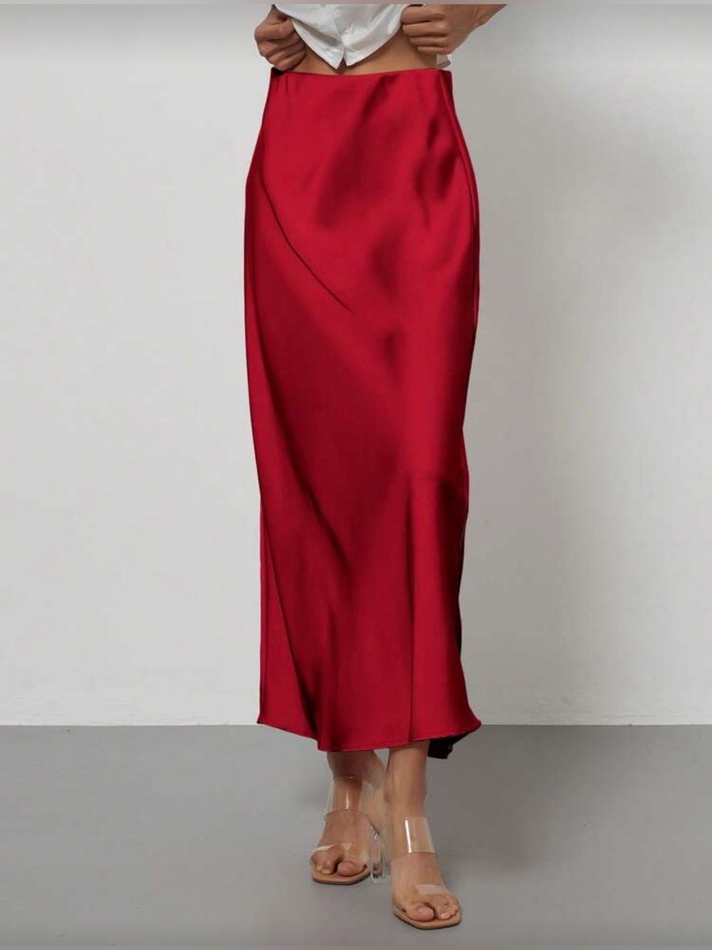 Satin Bias Maxi Skirt in Deep Red - Picture 3 of 7